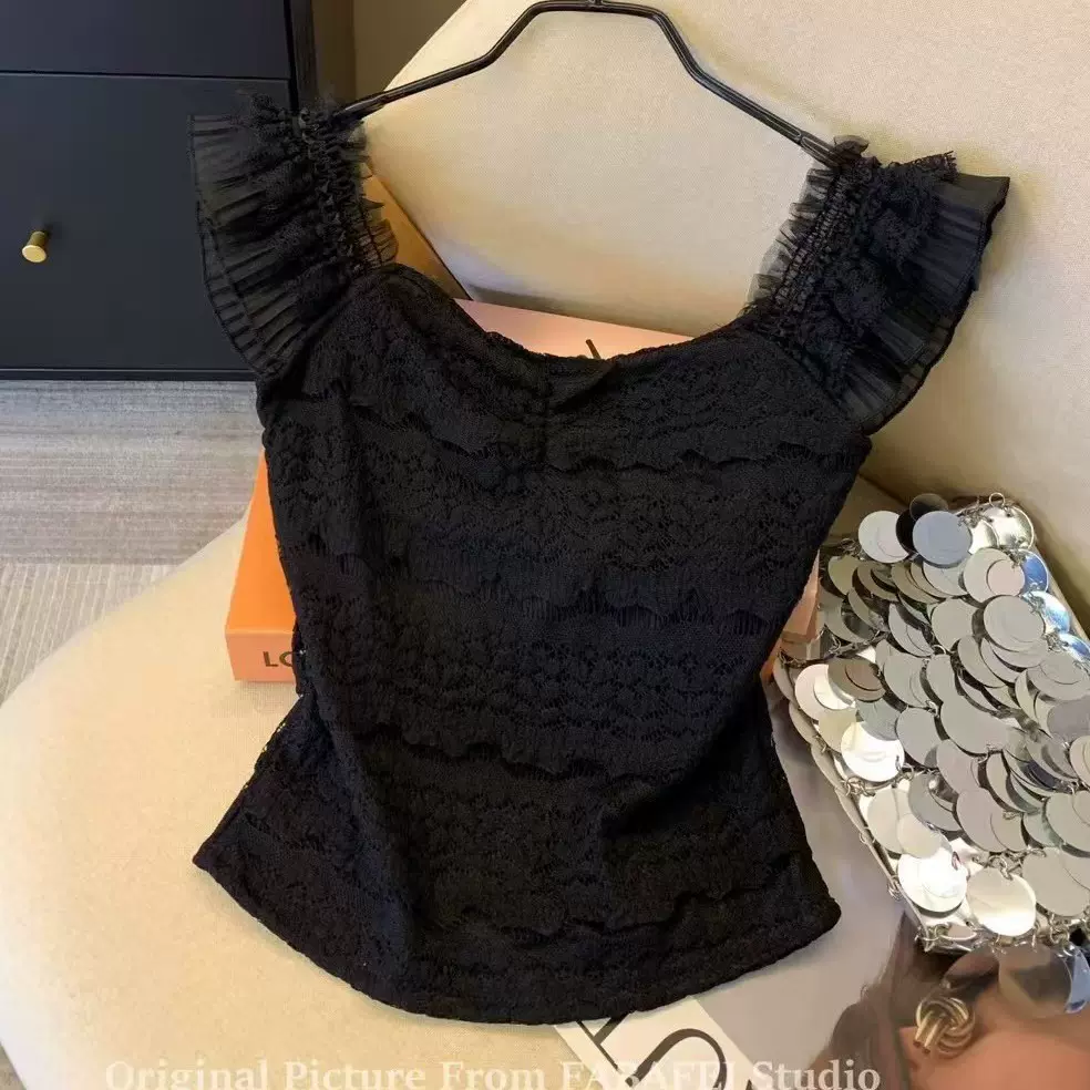 纯欲小飞袖蕾丝吊带背心女夏季设计感气质小衫辣妹掐腰别致小上衣