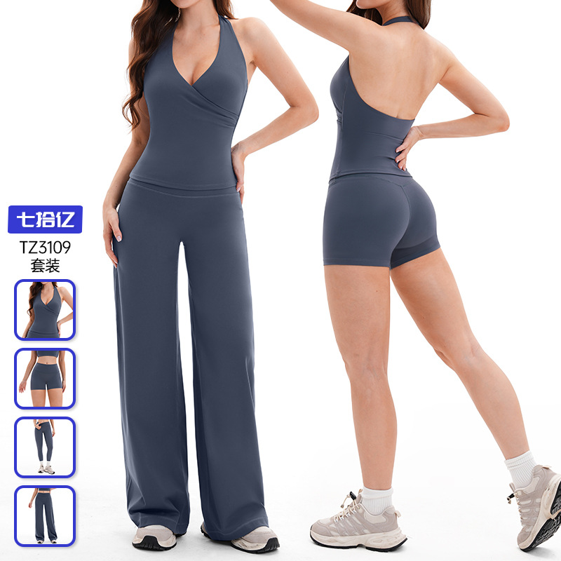 Cross-Border Quick-Drying Brushed Yoga Suit Hollow Back High-Waist Fitness Suit Outdoor Running Sports Suit for Women 3109