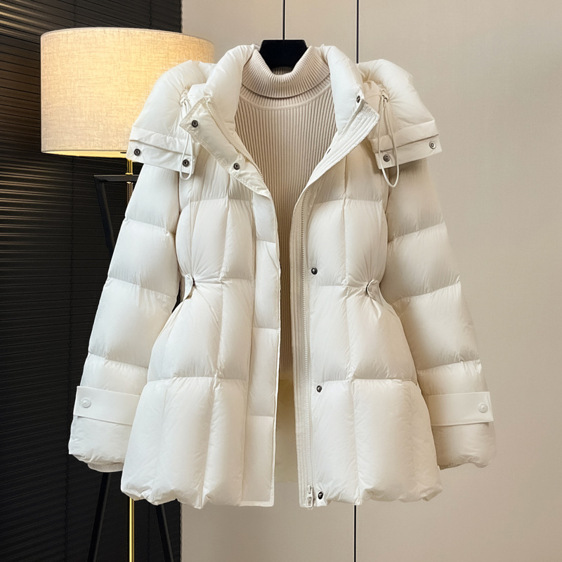 2025 New Winter down Jacket Women's Mid-Length Hooded Waist Slimming Look Thickeneded Warm White Duck down Jacket Korean Style