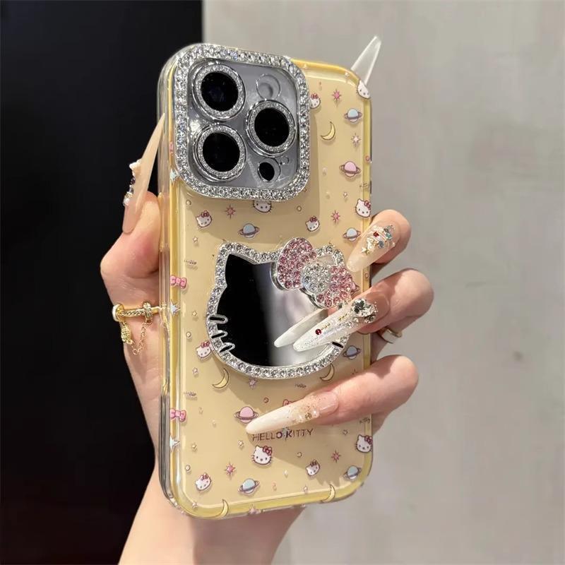 镶钻kitty猫镜子适用苹果16promax手机壳新款iPhone15Pro高级14pl|undefined