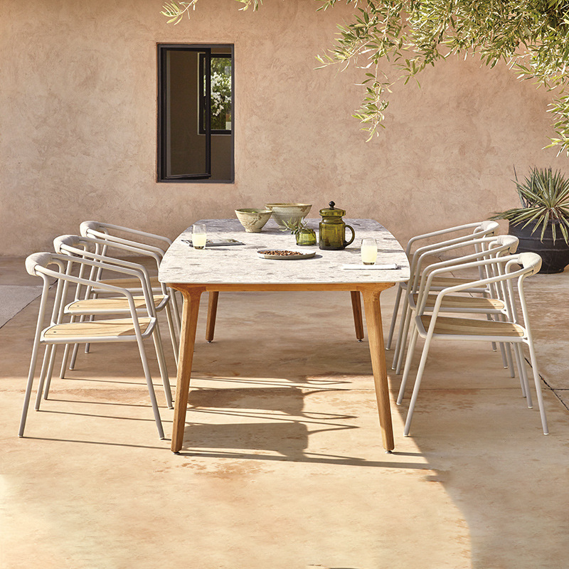 Mesas y sillas de teca para exteriores, muebles de ratán resistentes a la lluvia y al sol para patio, conjunto de mesa larga de madera maciza para ocio en jardín o balcón. image 3
