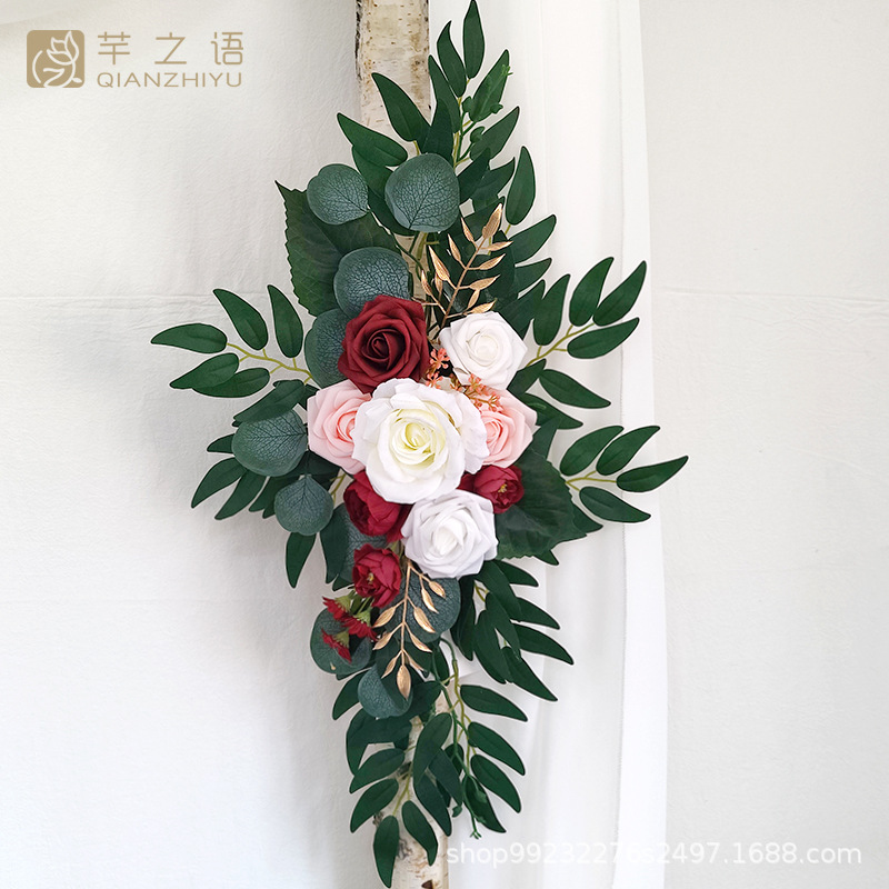 新款手工制作仿真絹花復古紅拱門花門楣花戶外婚禮活動裝飾背景