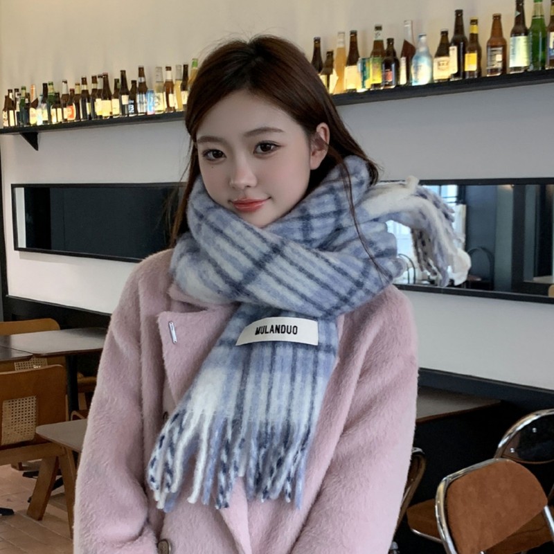 チェック柄ウールタッセルスカーフ韓国風高級冬モヘア暖かいスカーフ男女兼用|undefined