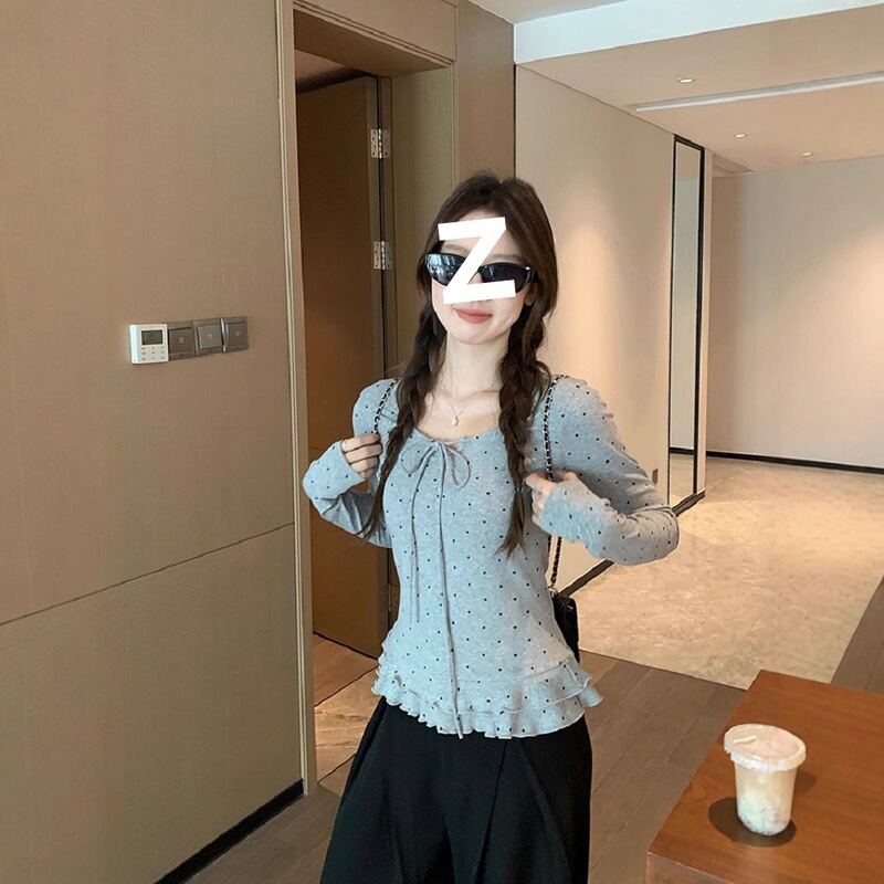92 Cotton Girly Style Ruffled Long-Sleeve T-Shirt for Women, Autumn Bow Tie Slimming Round Neck Top Base Layer 92 Cotton Girly Style Ruffled Long-Sleeve T-Shirt for Women, Autumn Bow Tie Slimming Round Neck Top Base Layer