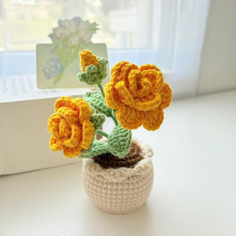 Planta en maceta de rosa naranja de doble cabeza