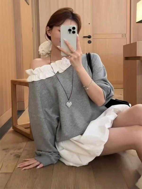 拼接木耳边长袖斜肩套头卫衣女2025早秋新款洋气宽松时尚百搭上衣|undefined