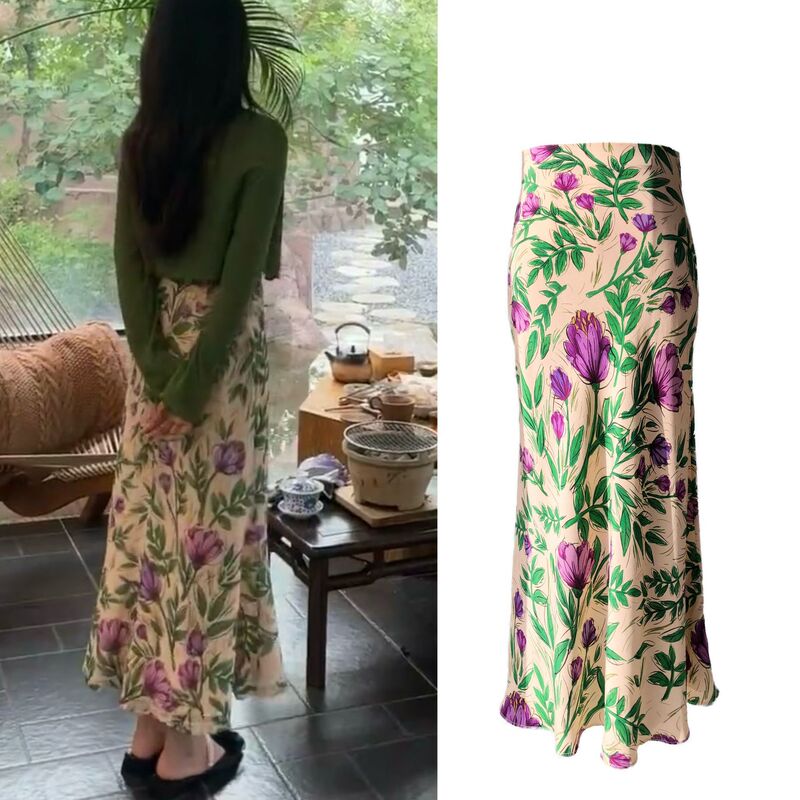 Ametyst Babylon French Romantic Purple Floral Bias-Cut Sand-Washed Silk Skirt Ametyst Babylon French Romantic Purple Floral Bias-Cut Sand-Washed Silk Skirt