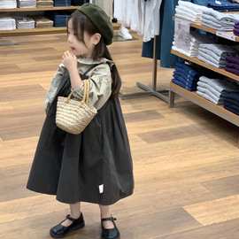 韩版童装2024秋季新款女童复古森系绣花泡泡袖衬衫吊带裙两件套装