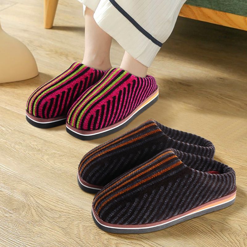 Striped Slippers with Finished Handmade Warm Soles, Handmade Cotton Slippers, Fur Slippers, Plus Velvet Gold Velvet Slippers, Thickened Shoes