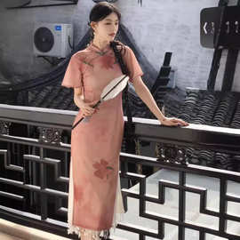 粉色淑女范倒大袖旗袍2024年夏季新款气质优雅大花改良年轻款