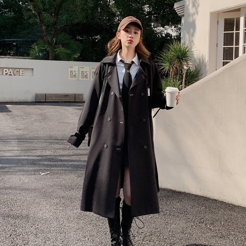 黒いトレンチコートの女性2024秋冬の韓国版の学生の洋風の中の長いコートの流行のファッションの小さい子|undefined