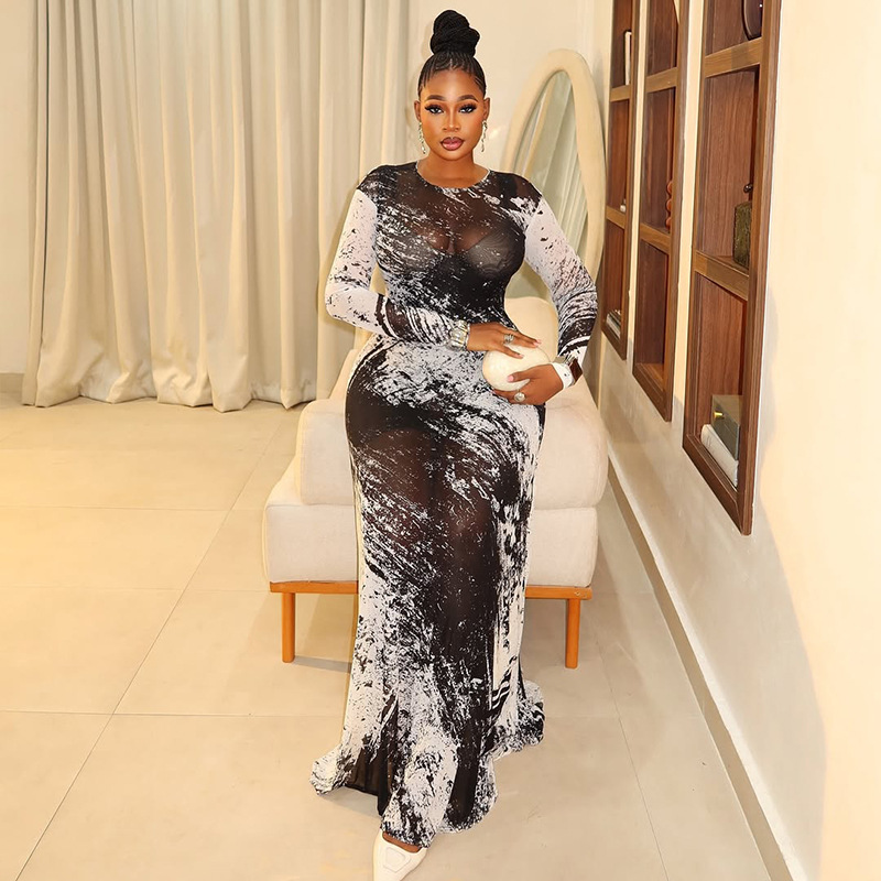 European and American Style Cross-Border Personalized Printed Women's Clothing, Straight Hip-Hugging Skirt, Fashionable Color-Blocked Round Neck Long-Sleeved Dress, Trendy