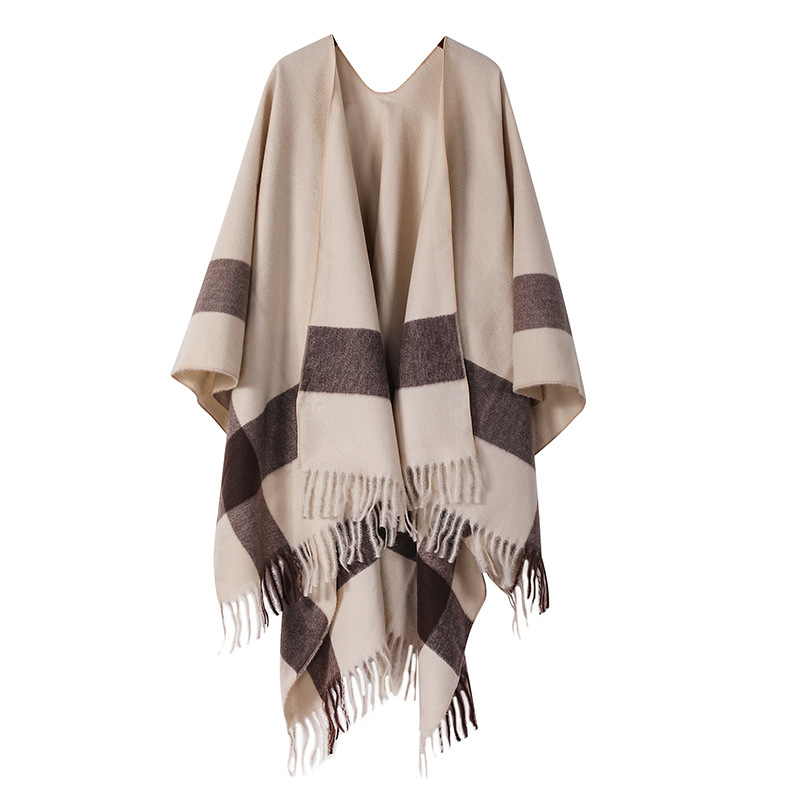 Unisex Autumn and Winter New Style Striped Fashion Shawl Women's Outer Cape Knitted Office Blanket Warm Tassel Cloak_voghion.com