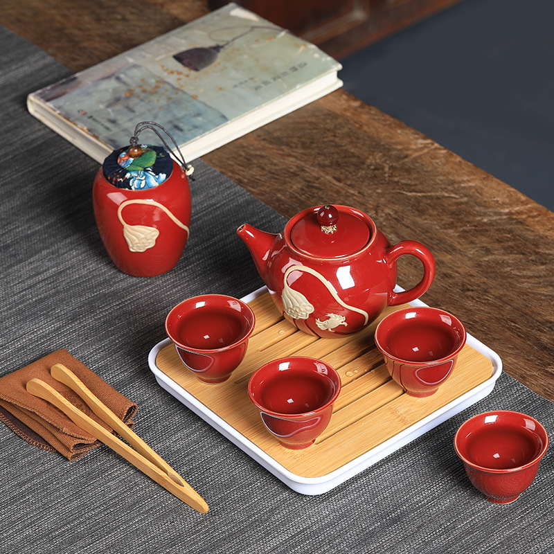 一壶四杯浮雕荷花陶瓷旅行功夫茶具套装活动赠品茶具礼品定制LOGO|ms