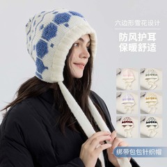 韩版六边形雪花针织帽子女秋冬季宽松大头围保暖绑带包头毛线帽子