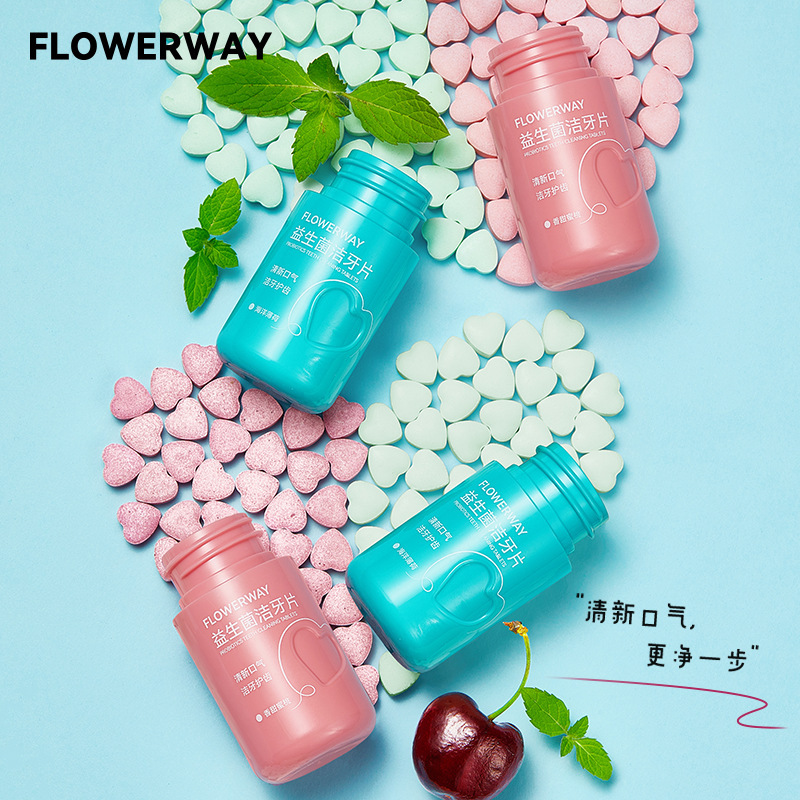FLOWERWAY プロバイオティック歯洗浄タブレット、爽やかな息、きれいな歯、歯ぐきのケア、ポータブル固形歯磨き粉|undefined