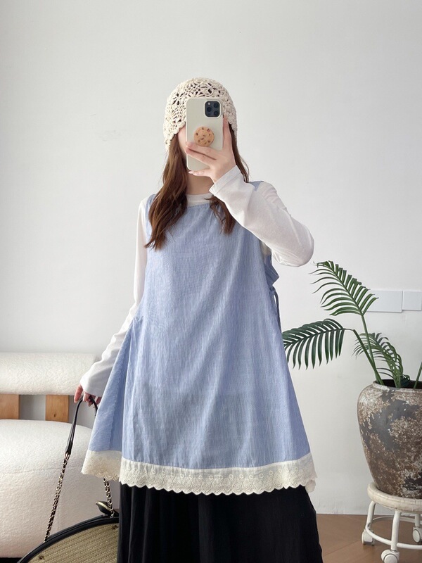 2026 Autumn Collection Japanese-style Fresh Striped Lace Trim Drawstring Sleeveless Pullover Shirt Top Wholesale 2026 Autumn Collection Japanese-style Fresh Striped Lace Trim Drawstring Sleeveless Pullover Shirt Top Wholesale