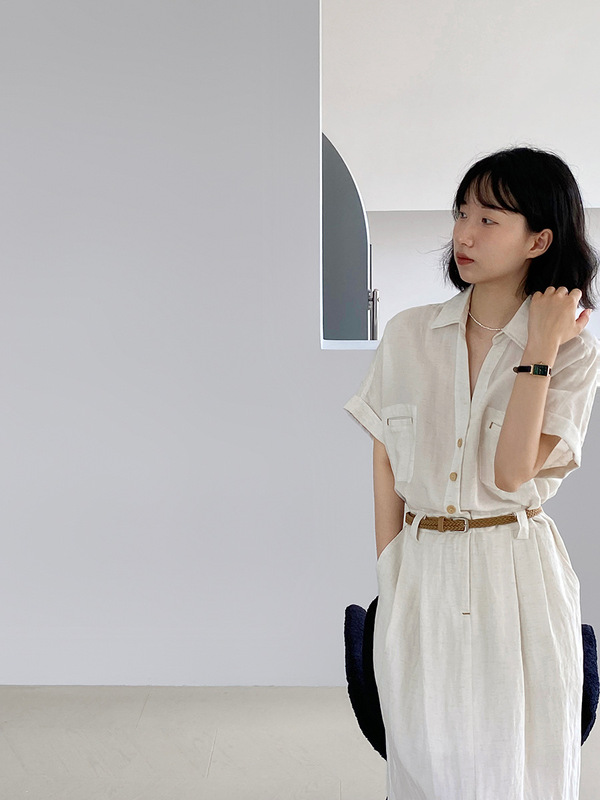 江左オールドマネースタイルスカートリネン女性の夏のハイエンド半袖ドレス女性の夏のロングスカートベルト 1606|undefined