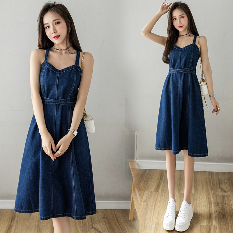 Summer plus size waist slimming Denim suspender skirt women's V-neck cross backless mid-length suspender A- line dress women