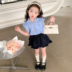 女童裝時髦套裝洋氣2024新款兒童夏款女孩夏季可愛藍色襯衫花苞褲