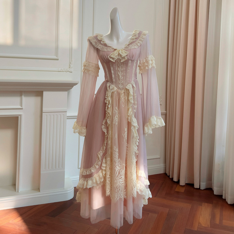 Yige Lila Cream Pink Long Sleeve Elegant Waist-Slimming Daily Dress for Women 68812