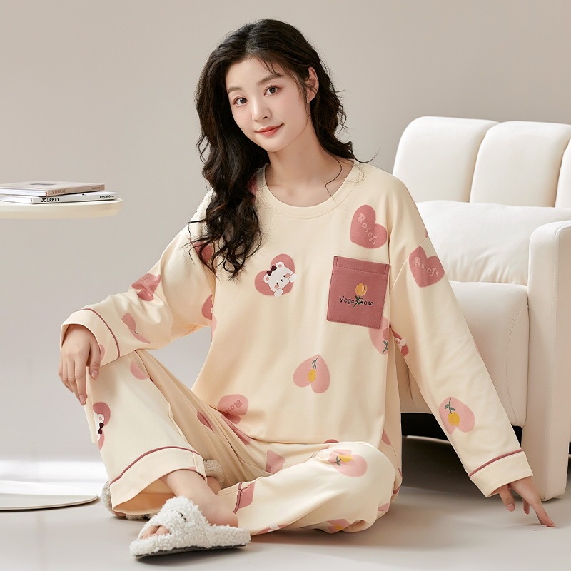 春秋季带胸垫睡衣女士长袖长裤免穿内衣文胸家居服套装居家可外穿|undefined