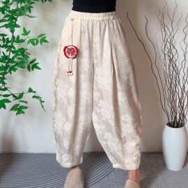 2026春夏款新中式提花缎面休闲裤女民族风复古刺绣飘带单层哈伦裤