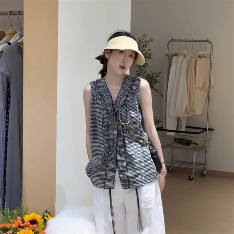 Korean Retro Literary Plaid Lace-Up Sleeveless Vest for Women Summer New Niche Chic Slim Vest