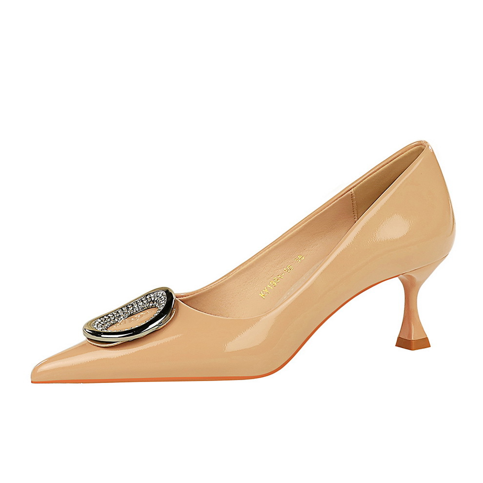 1961-K61 European And American Style Banquet Fashion Patent Leather Shallow Mouth Pointed Toe Metal Rhinestone Buckle_vogvips.com