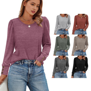 2025 Autumn and Winter Amazon European and American Cross-Border Export Knitted Pure Color Versatile Elegant Long-Sleeved Buttoned Round Neck Top