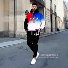 2025跨境美式渐变色印花潮流爆款连帽衫和裤子套装男士休闲运动服