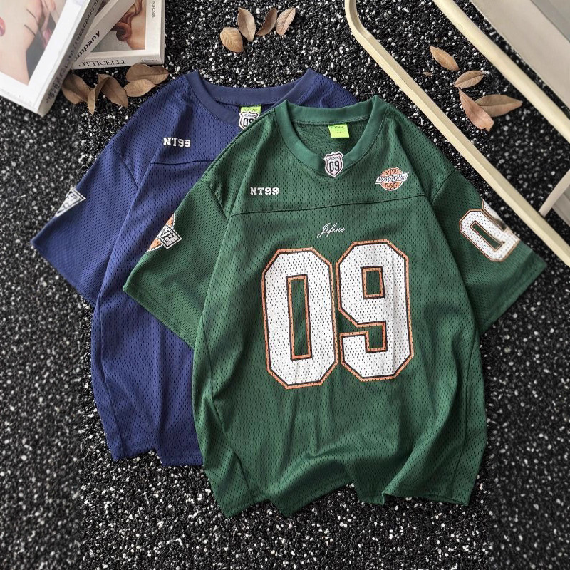 American Cut Out Sports Mesh Splicing No. 09 Printed Jersey Style Men's and Women's Summer Casual Loose V Neck Short-Sleeved T-Shirt