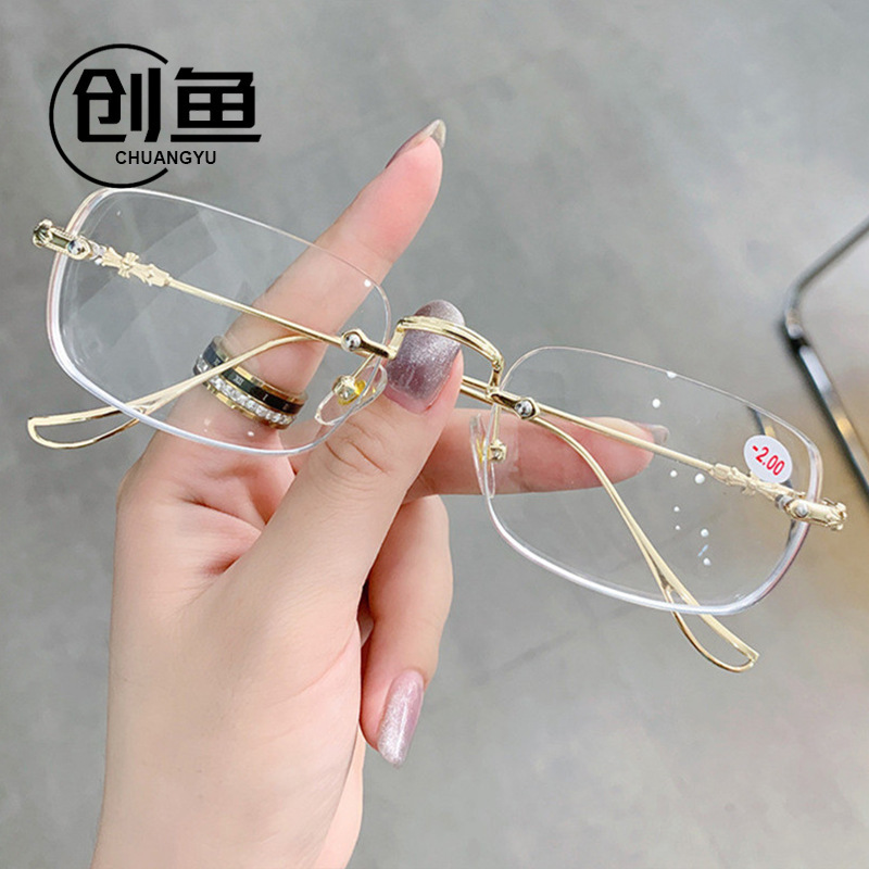 Unframed high-definition blue light blocking reading glasses for middle-aged and elderly people, round plastic frames for both men and women, similar to female celebrities' glasses model Q