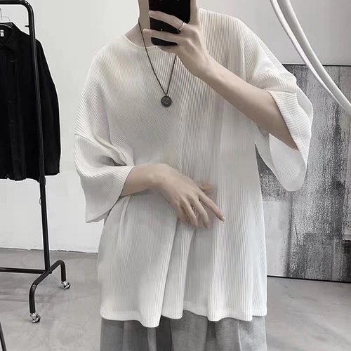 Summer Ice Silk Short Sleeve T-Shirt for Men - Trendy Loose Fit, Versatile Half Sleeve Casual Tunic with Drape, Breathable Round Neck, 5-Button Sleeve T-Shirt