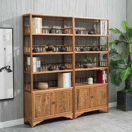 老榆木落地式书柜家用客厅实木置物架新中式木质茶叶展示博古架