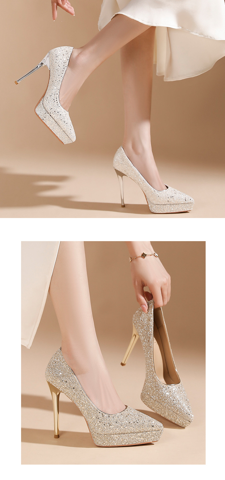 Giày cao gót nữ mũi nhọn đế xuồng sequin lấp lánh gót 12 cm — Rượu sâm banh chi tiết 7
