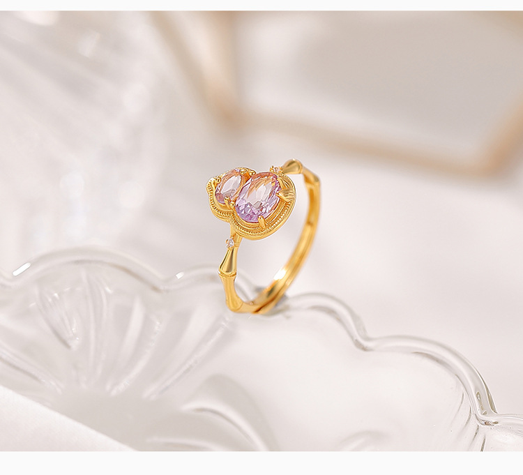 Nhẫn bạc S925 mạ vàng hình quả hồ lô đính đá hoàng thủy tinh phong cách tân trung hoa — Màu hoàng thủy tinh chi tiết 5