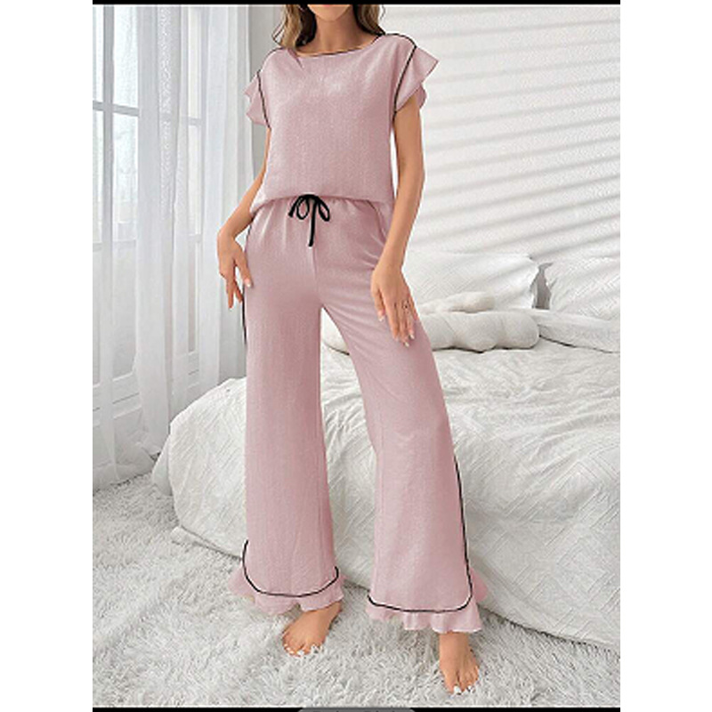 ChicShe Damen-Pyjama-Set mit Rundhalsausschnitt und gekreuzten Bordüren, bequem, für Frühling/Sommer, neue hochwertige Patchwork-Farbblock-Zierelemente, europäischer Stil_voghion.com