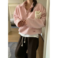 韩国chic秋季温柔少女甜美百搭软糯摇粒绒立领半拉链卫衣外套3色
