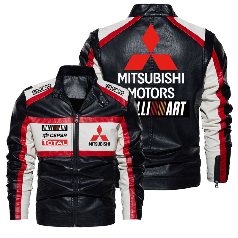 2023 New Contrast Color Leather Jacket Mitsubishi F1 Racing Printed Retro Washed pu Leather Windproof Spring Jacket