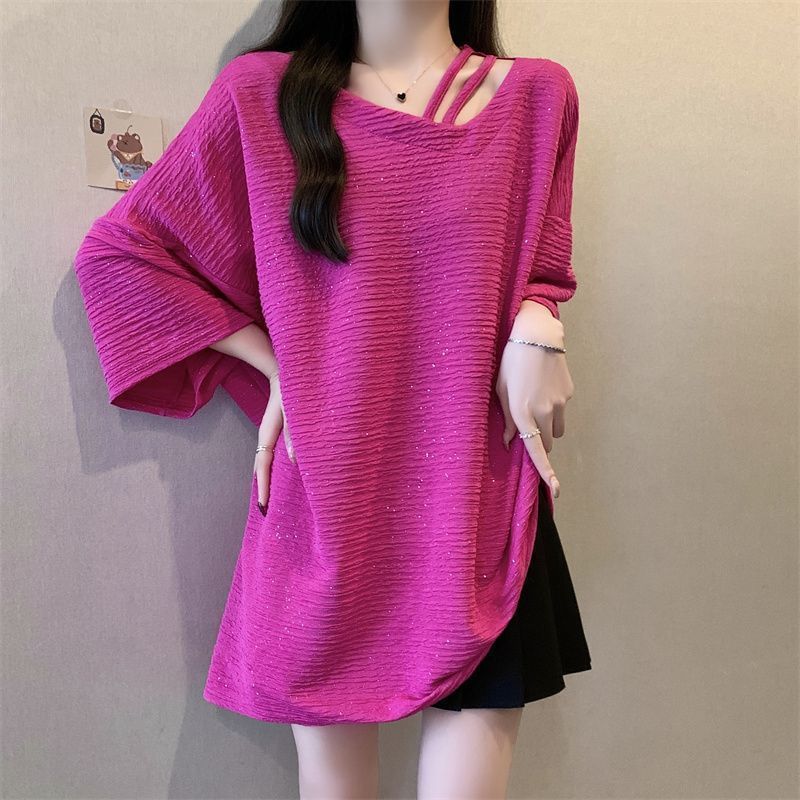 Camiseta de manga corta irregular de textura brillante de gran tamaño para mujer 2024 verano nuevo estilo suelto y delgado top de mm image 7
