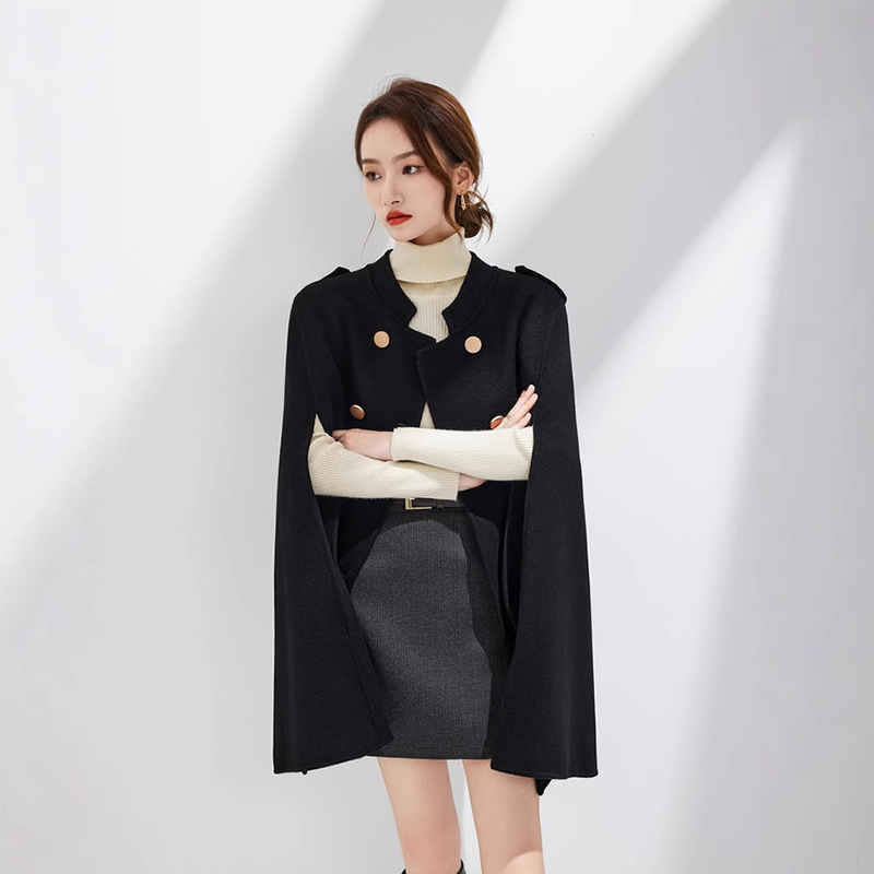 100 Pure Wool Double-Sided Tweed Coat Women's Cape Coat Mid-Long Winter British-style Double-breasted Korean-style Loose Slim-fit