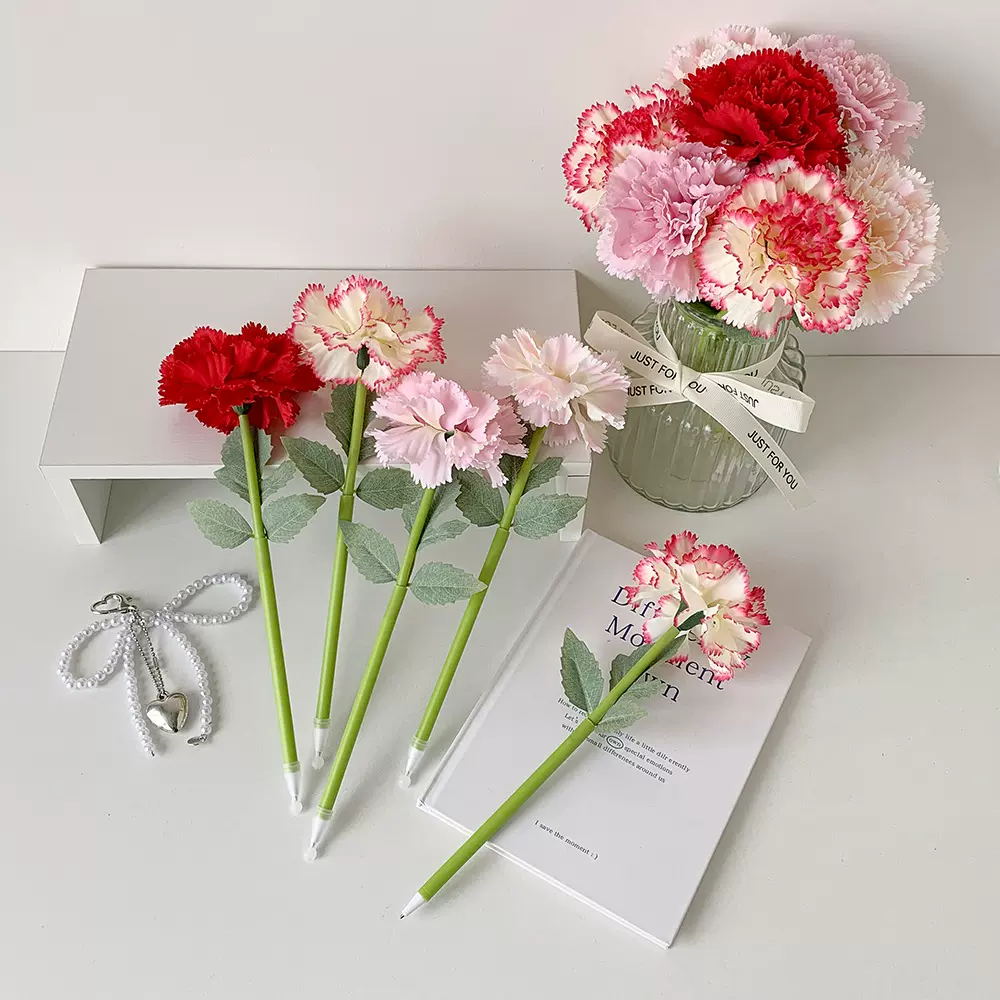 高颜值康乃馨仿真圆珠笔学生仿真花桌面摆件装饰圆珠笔婚庆礼品笔