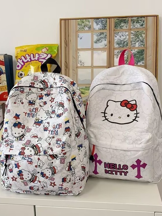 日本 y2k バックパックかわいいニッチバックパック kt 猫プリントスクールバッグ女の子のための大容量学生キャンパスバックパック|undefined