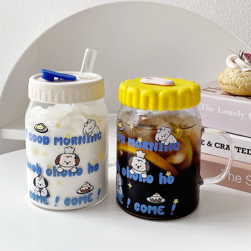 Large-Capacity High-Temperature-Resistant Glass Cute Female Drinking Cup with Handle Thick Straw Milk Tea Cup Juice Cold Drink Cup