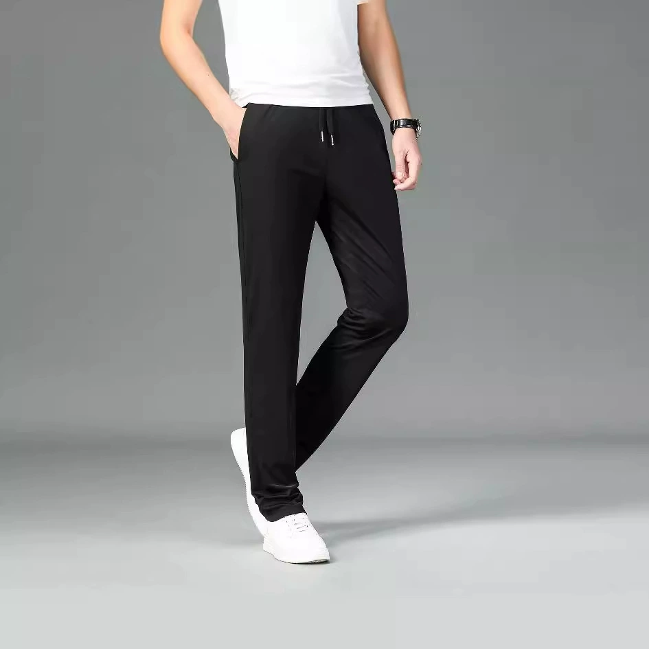 Мужские эластичные летние тонкие длинные брюки из молочного шелка, однотонные, свободные, прямого кроя, быстросохнущие, устойчивые к сминанию повседневные брюки с высокой эластичностью.