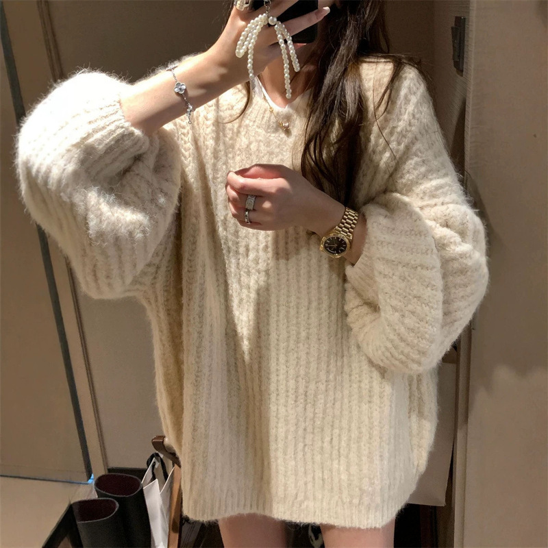 Casual Loose Soft Round Neck Lantern Sleeve Sweater for Women, New Autumn/Winter Solid Color Ribbed Plus Size Knitwear Casual Loose Soft Round Neck Lantern Sleeve Sweater for Women, New Autumn/Winter Solid Color Ribbed Plus Size Knitwear
