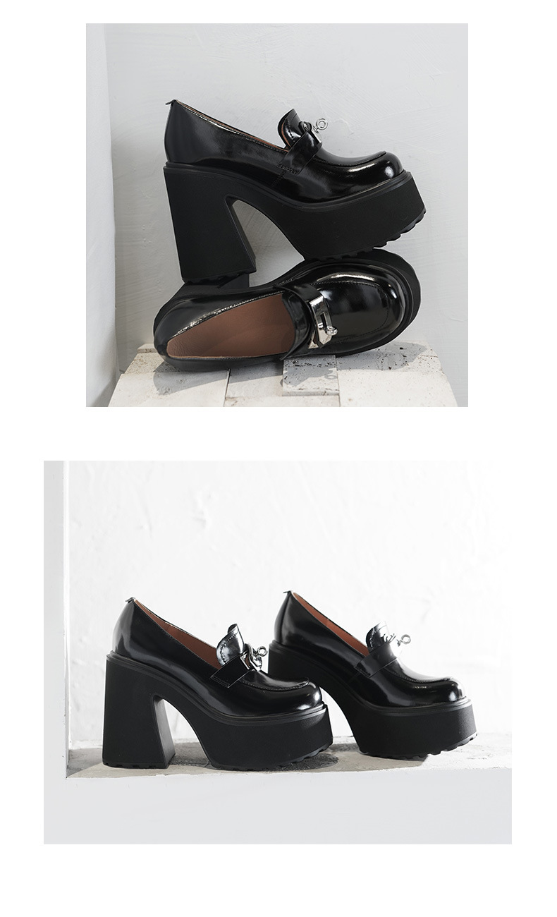 Giày loafer nữ đế xuồng platform gót cao 12 cm khóa cài da thật — màu đen chi tiết 5