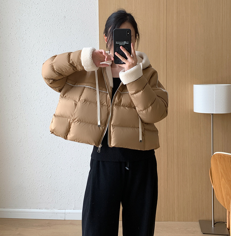 Giacca corta europea in piumino per donna stile corto cuciture colore a contrasto pelle PU leggera lusso alta qualità maglione largo 2024 nuovo inverno_voghion.com