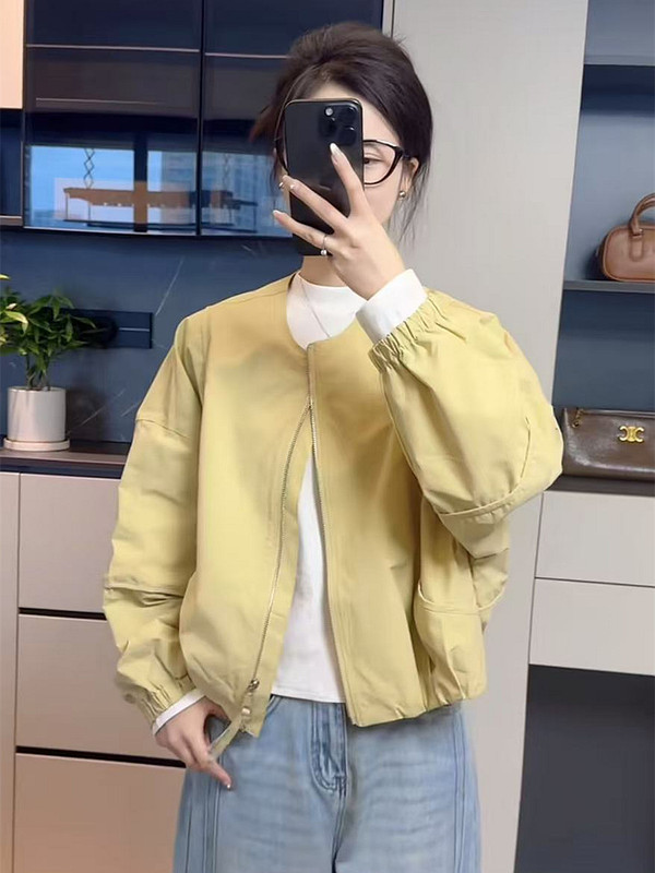 韩版简约圆领纯色短外套女2025秋季新款休闲宽松百搭小个子夹克潮|undefined